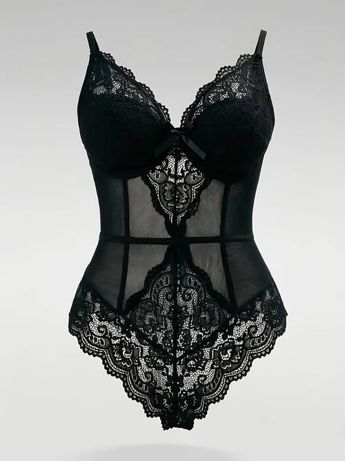 plus size womens bodysuit lace floral mesh v neck design