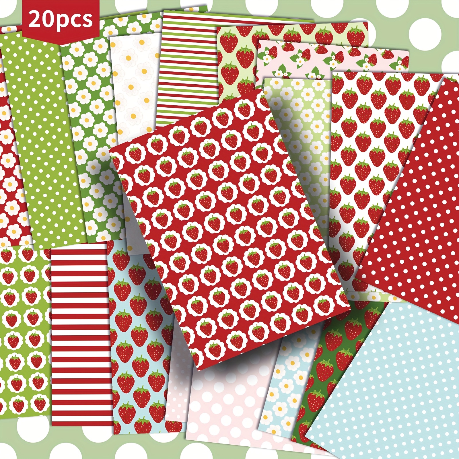 TEMU 20-pack Asstss Strawberry Postcards - 4x6 Inch Mermaid Junk Journal Paper With Classic Pinup Illustrations, Striped & Polka Dot Patterns, Solid