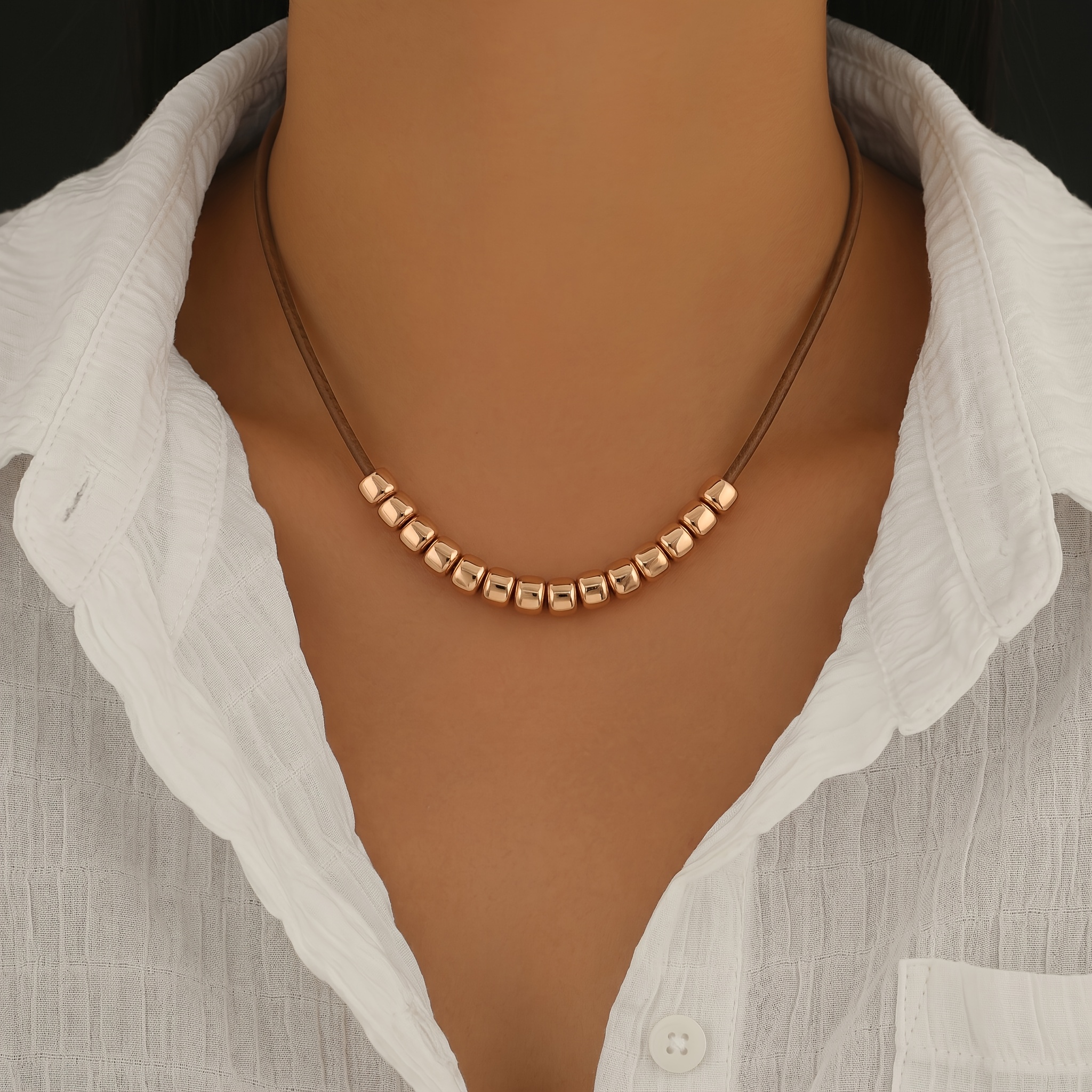 TEMU 1pc Women's Thin Brown Rope Neck Collar With Multiple Glossy Rounded Square Beads Center Continuous String Ornament Spring Summer Wear