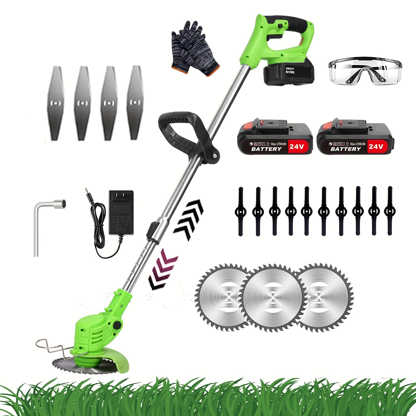 

Garden Cordless , 24v Metal Blade Electric Grass Trimmer, Height Adjustable Grass Trimmer, Lightweight Push Wheels Lawn Mower, For Garden Weeds Trees, 3 Types Blades