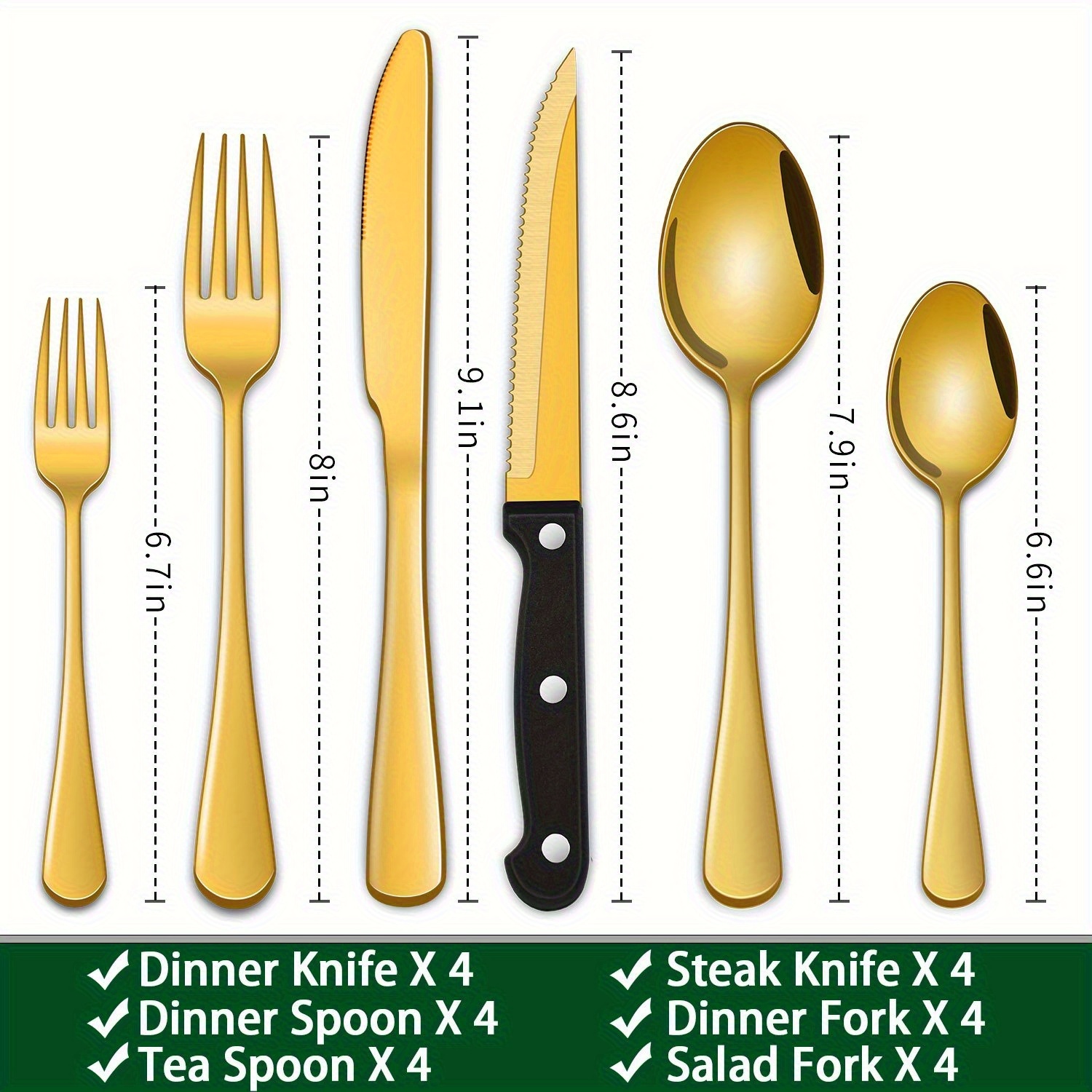 Temu – TEMU Golden 24pcs Silverware Sets With Steak Knives, Knife Spoon And Fork Sets, Stainless Steel , Cutlery Sets For Hotel And Restaurant Ktichen
