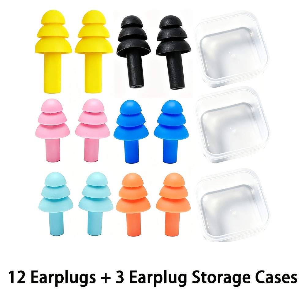 TEMU Ensemble de 15 pièces : 12 bouchons d'oreille en silicone de couleurs aléatoires et 3 boîtes de rangement, adaptés au sommeil , aux voyages et à