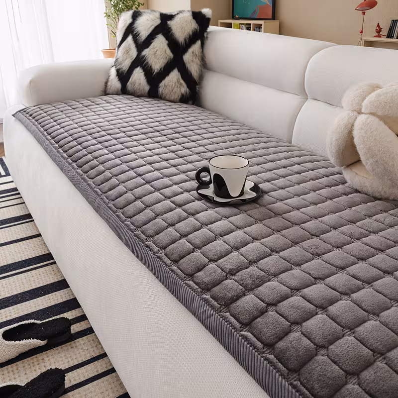 a 1pc thick quilted flannel sofa cover handcrafted in a modern minimalist style with a matching wide border design this plush non slip sofa cushion friendly and scratch resistant machine washable suitable for Product details 13