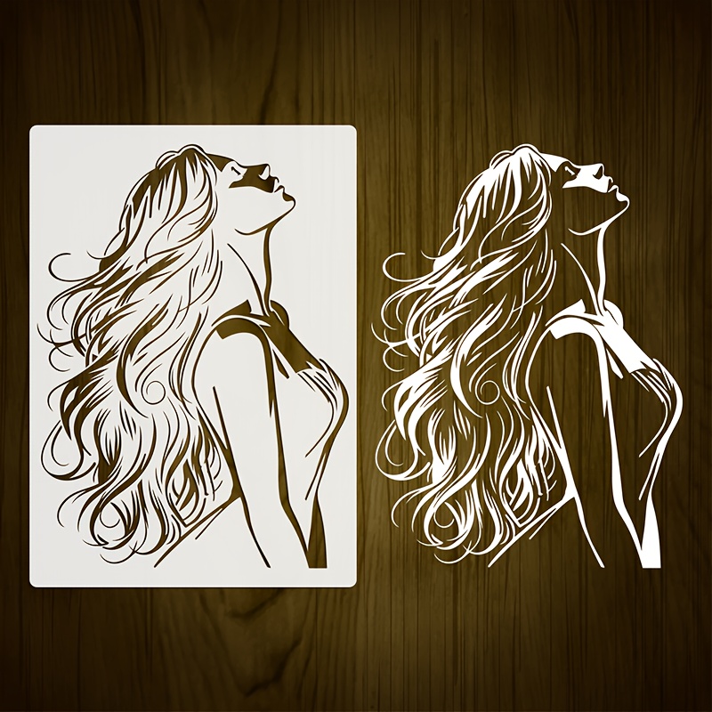 TEMU 1pc Flowing Long Hair Women Template, 8..7 Inches Painting Template, Minimalist Black And Portrait Hollow Template, Reusable For , Textiles,