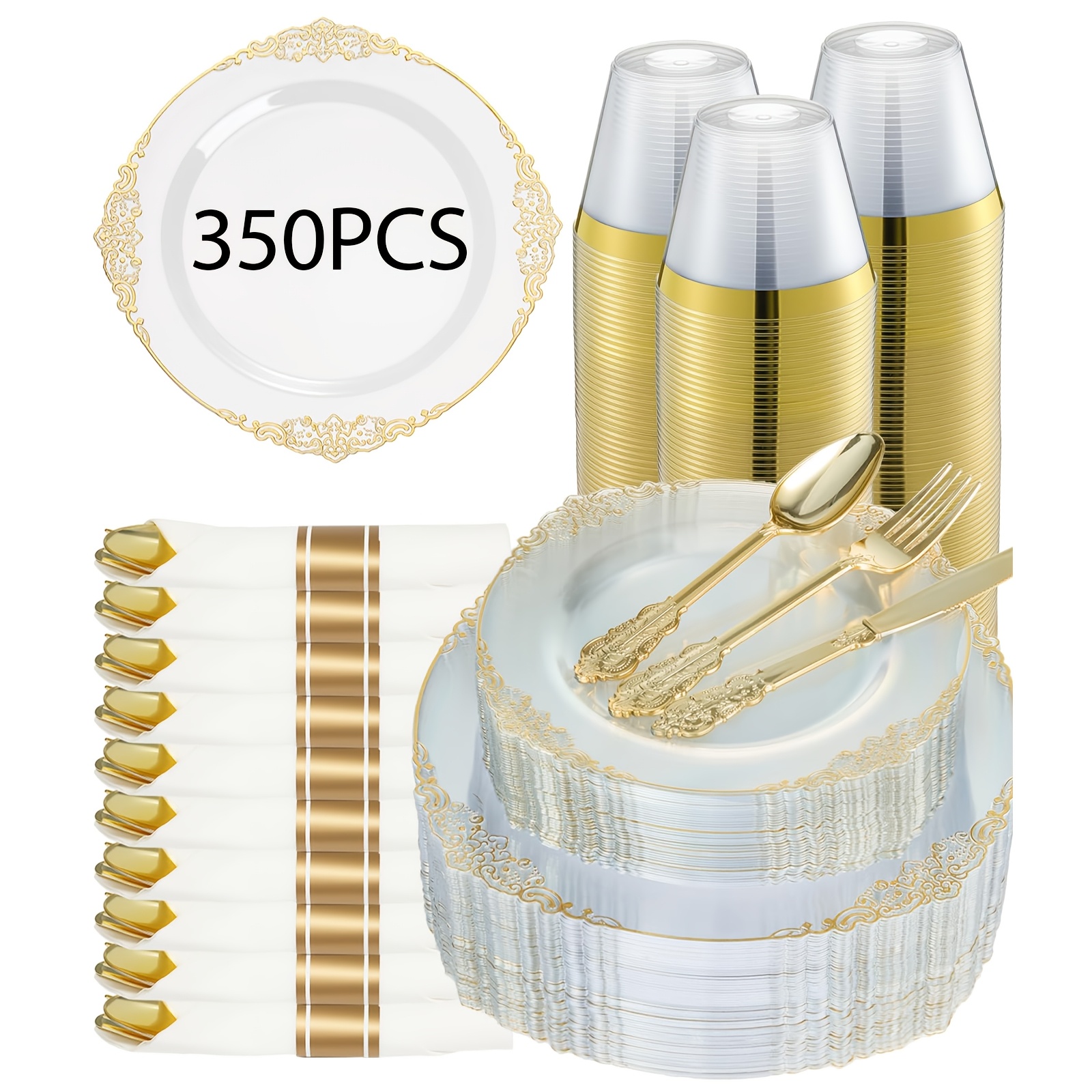 TEMU 350pcs Clear Golden Plastic Dinnerware Set (service For 50), Deluxe Disposable Dinnerware Set Includes: 100 Plastic Plates, 150 Silverware, 50 Pre-rolled Napkins, 50 Cups For Party/wedding
