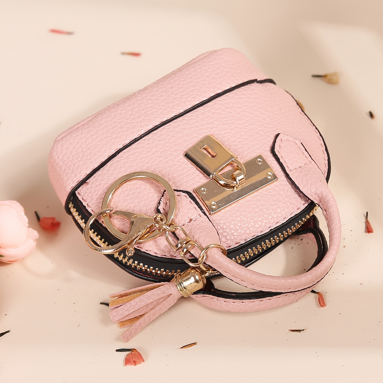 TEMU Trendy Half- Small Bag, Mini Portable Coin Purse Made Of High-quality Materials, Featuring A Decorative Lock, Smooth Zipper Closure, Tassel