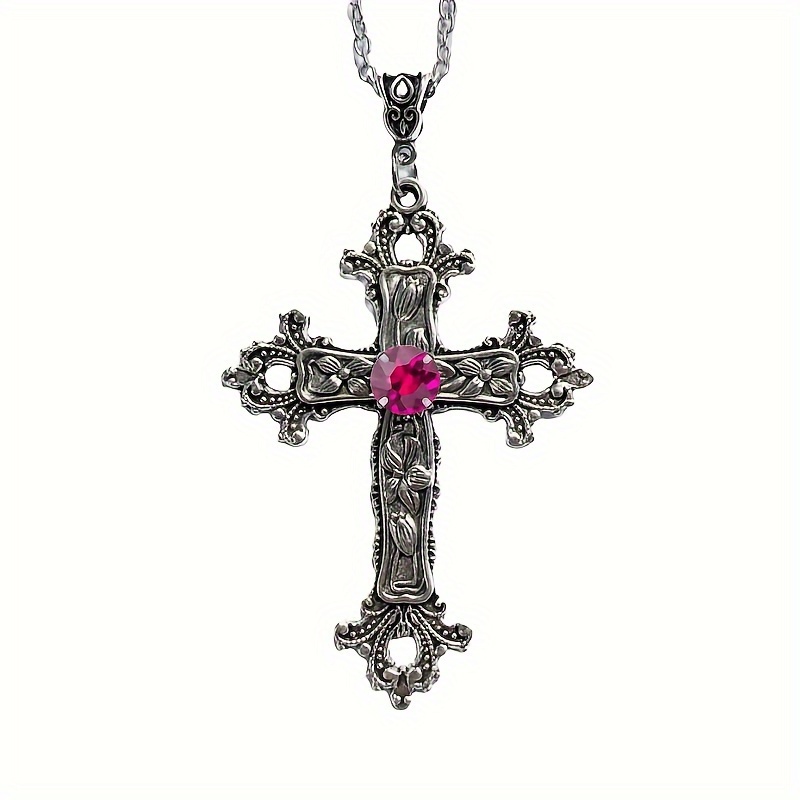 Creative Flower Pattern Cross Inlaid Synthetic Gemstone Necklace