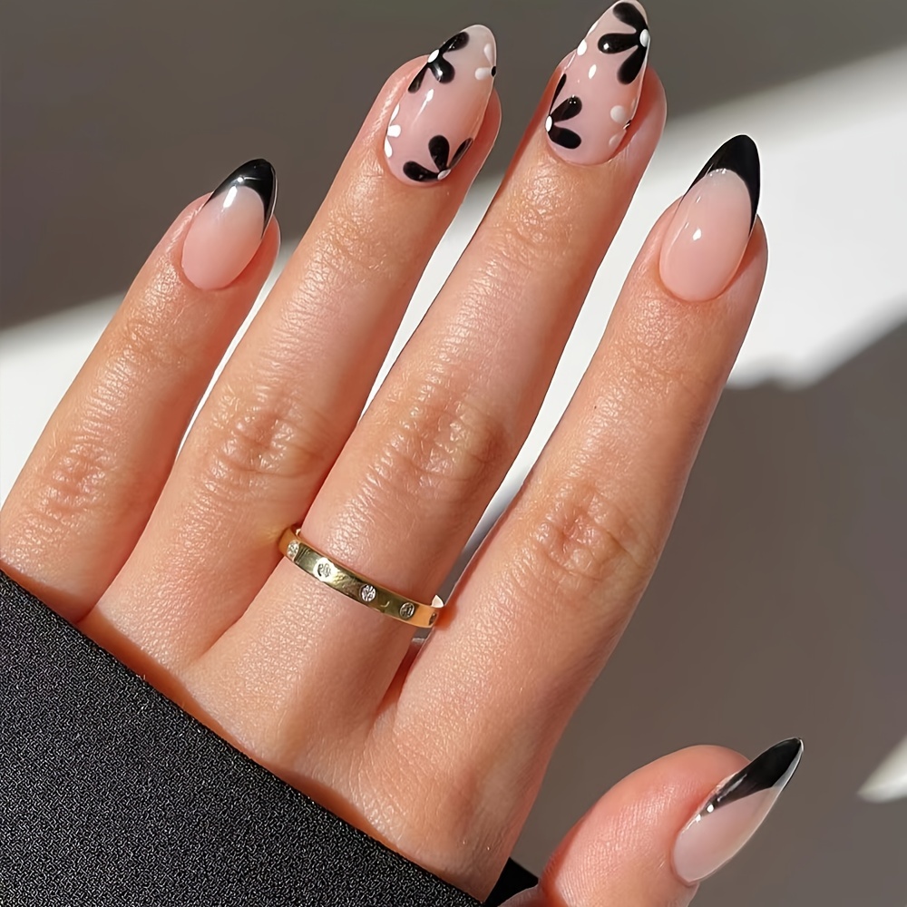 

Ensemble de 24 d'ongles en de goutte longue avec des pointes noires et un motif de fleurs, faux ongles à pour femmes et filles