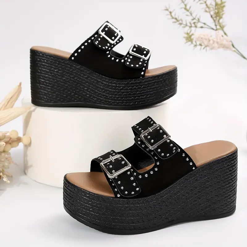 womens double buckle bands sandals platform studded slip on walking shoes vacation shoes details 4