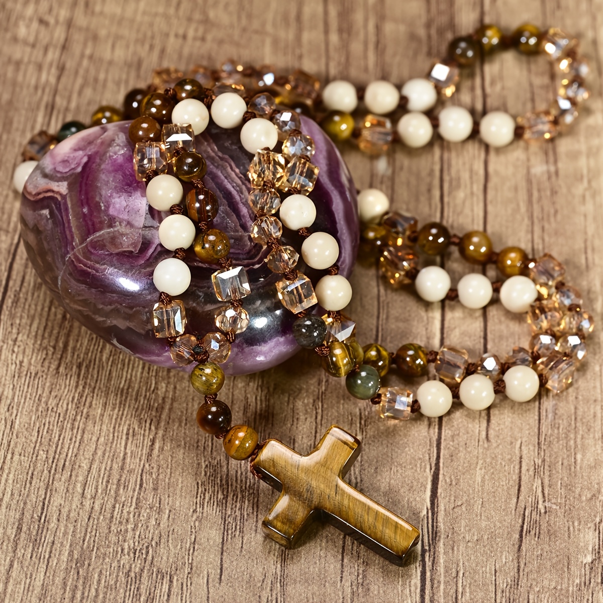 Unisex Natural Tiger Eye Cross Pendant Necklace