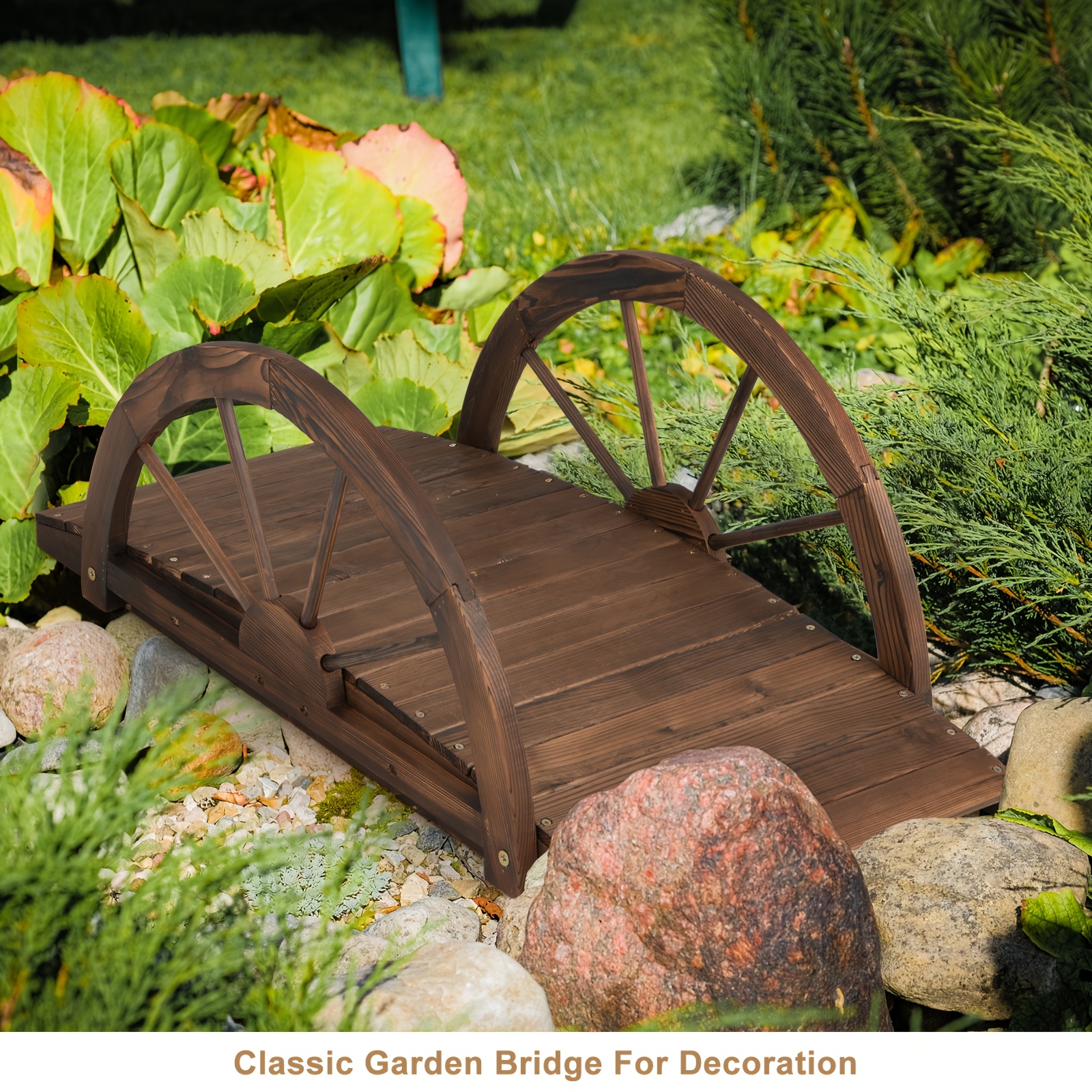 Image of 1 Meter Wooden With An Arched Stained End, Featuring -wheel Railings And Solid Fir Wood Construction, Designed As A Decorative Landscaping Bridge For Gardens And Backyards