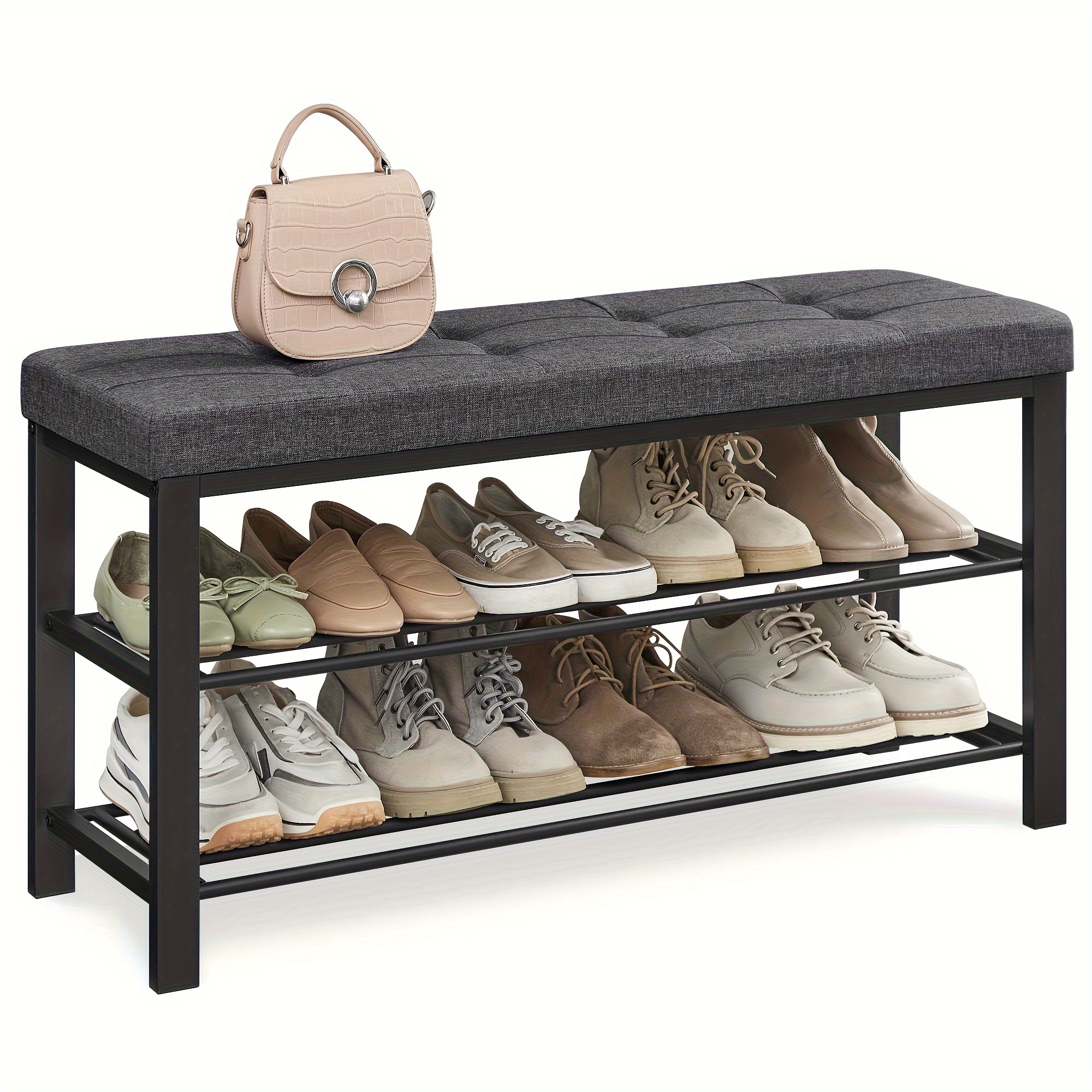 

1pc Shoe Bench, 3-tier Shoe Rack For Entryway, Storage Organizer With Foam Padded Seat, Linen, Metal Frame, For Living Room, Hallway