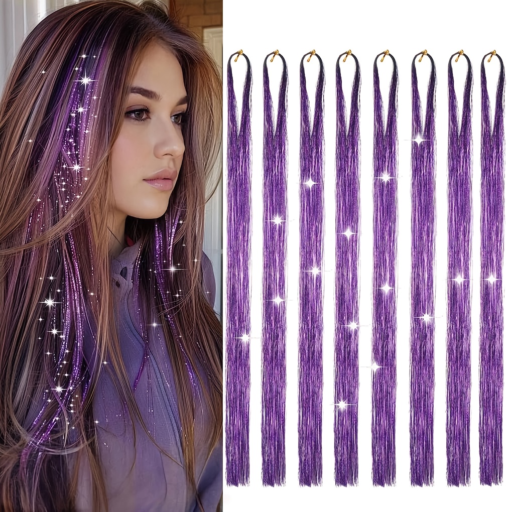 8pcs   glitter hair tinsel extensions - heat resistant, sparkling fairy hair accessories for women,   halloween & parties, party hair accessory | glittery hair extensions | heat resistant fiber, hair accessories Product details 1