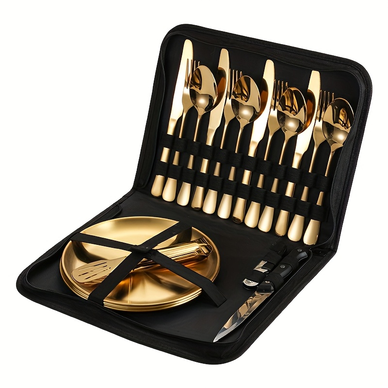 customize your text 11 20pcs golden silvery storage bag stainless steel cutlery set knife   clip bottle opener plate camping picnic barbecue outdoor cutlery camping picnic steak knife   set Product details 1