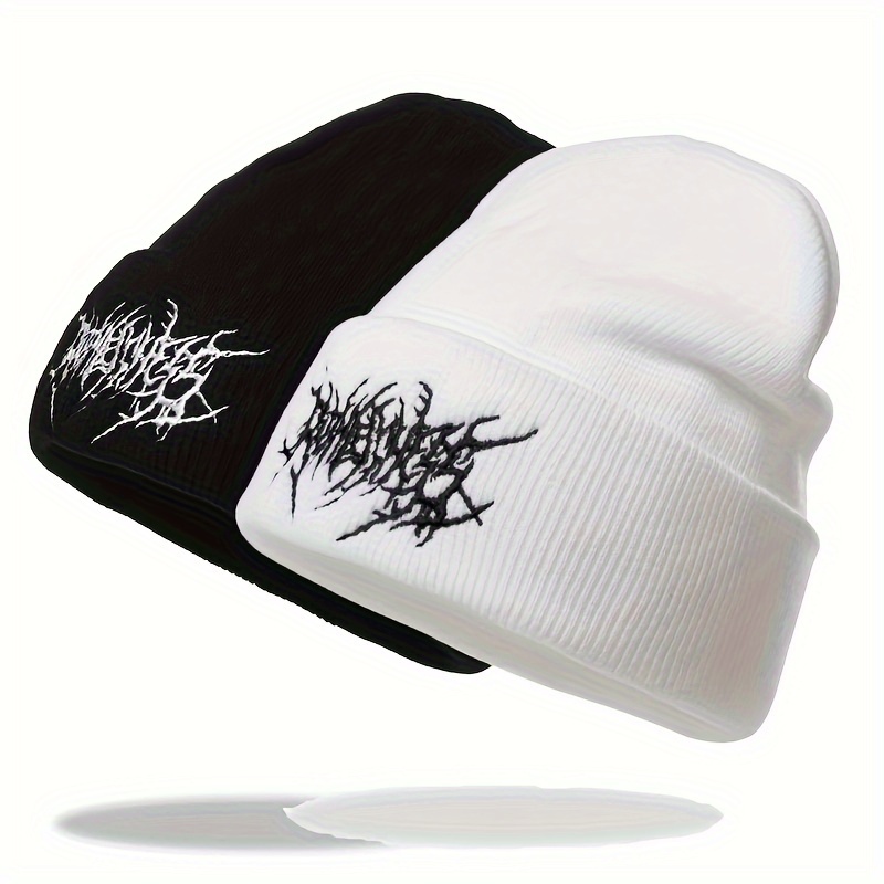 

2pcs Men's Casual Gothic Scar Embroidery Knitted Beanie, Fashion Street Ski Cap For Women Men