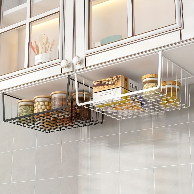 2/4pcs Under Shelf Wire Basket Hanging Storage Baskets, Under Cabinet Add-on Storage Racks Slide-in Baskets Organizer for Kitchen Pantry Desk Bookshelf, Kitchen Storage Solution|Boho Style Basket|Durable Metal Basket, Kitchen Organizers And Storag
