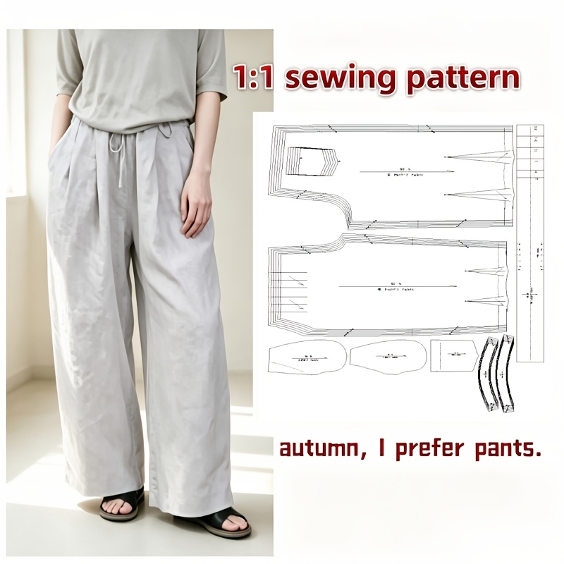 TEMU 1:1 Sewing Paper Pattern For Women's Wide-leg Balloon Pants. Features Elastic Drawstring Waistband And Side Pockets. This Casual Loose-fit