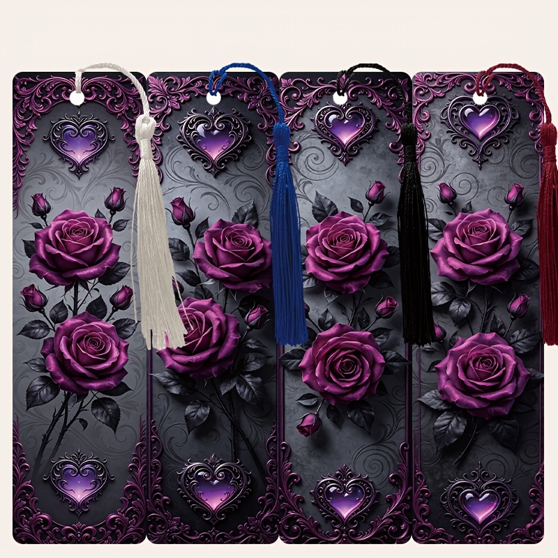 TEMU Lot de 4 marque-pages à pompon en cuir PU sur le thème de gothique, couleur du pompon aléatoire, 15 cm (5,9 po) * 4 cm (1,57 po), marque-pages