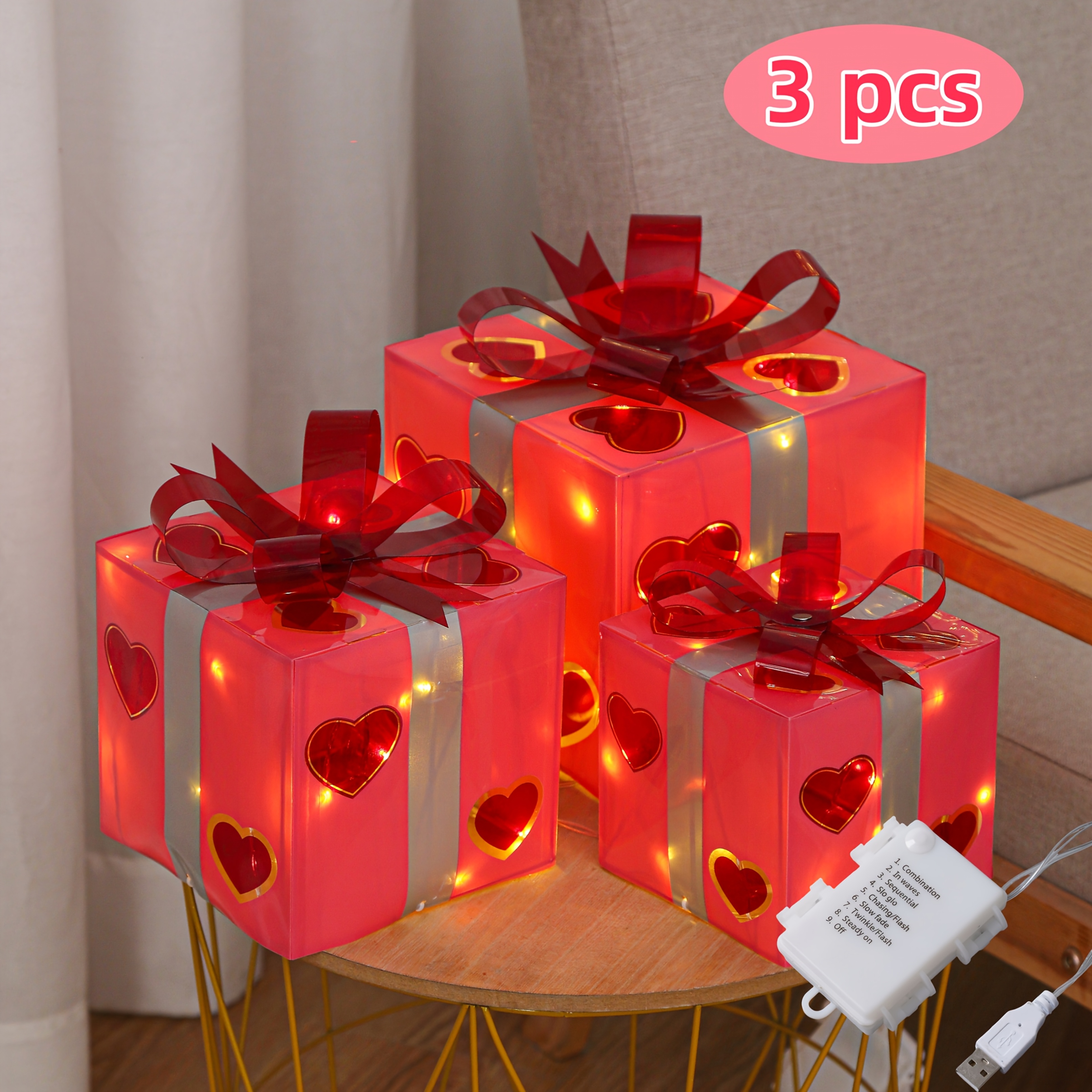 

3-pack Led Love Gift Boxes, Style Plastic With , Dimmable Usb Powered Holiday Decor For Christmas And Valentine's Day, 60 Leds Proposal And Tree Decoration Without Battery