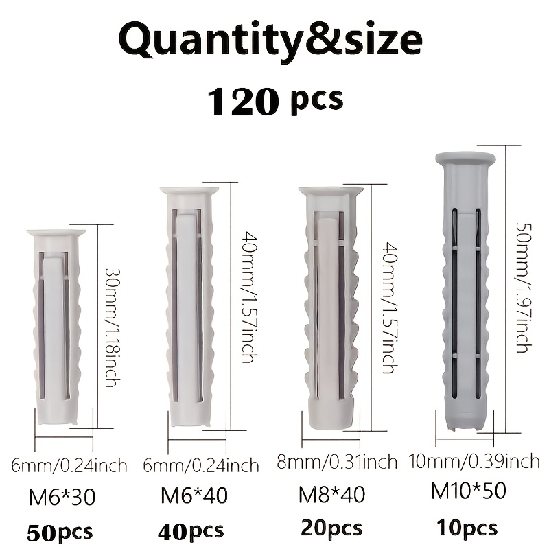 TEMU 120pcs Gray Plastic Expansion Anchor Set, 6mm/8mm/10mm – Mixed Sizes, Expansion Tubes, Universal Large Pack, Suitable For All Types Of