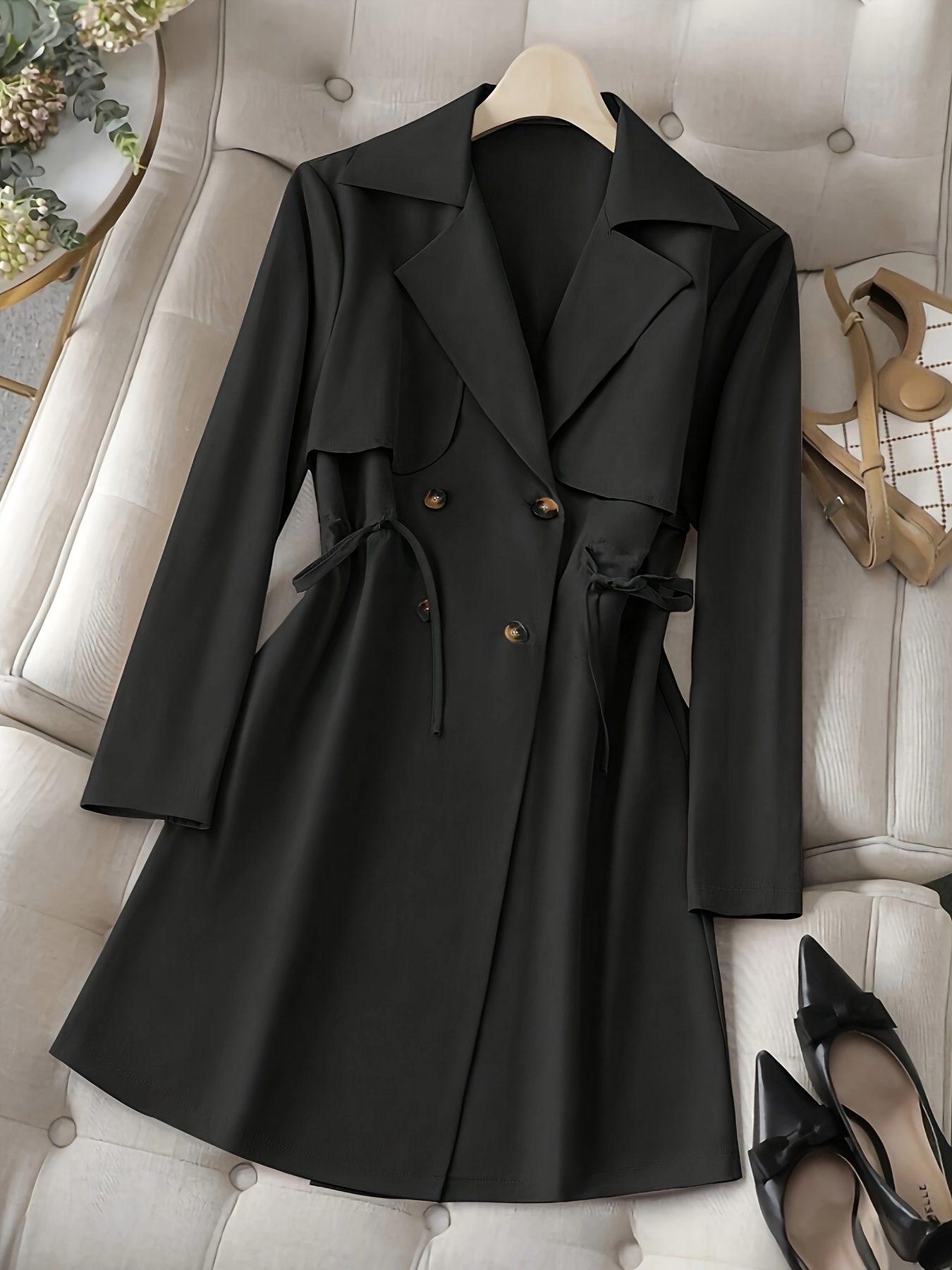 Cábito de Mujer Elegante de Color Sólido, Mediano, con Cuerda Ajustable en la Cintura, Ajuste Relajado para Mujeres Petitas, Lavable a Máquina, Abrigo de Otoño con Diseño Clásico