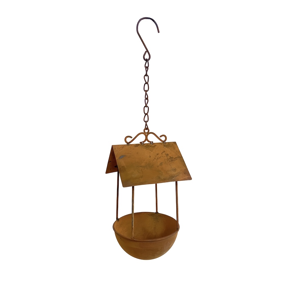 Image of Vintage Distressed Rusty Metal Hanging Bird Bath With Canopy - Outdoor Garden Tree Hanging Bird Drinking Bowl, Durable Retro Garden Decor, Attracts