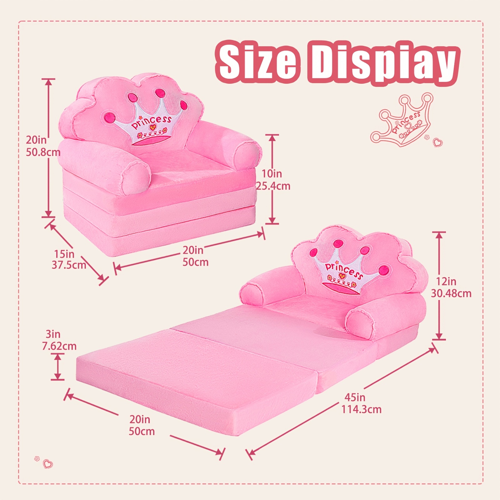 Kids Sofa Princess Crown Pink - 2-in-1 Flip Open Kids Couch & Lounger | Machine Washable Plush Cover & Certified Safe Foam | Dreamy Reading Nook Chair For Girls