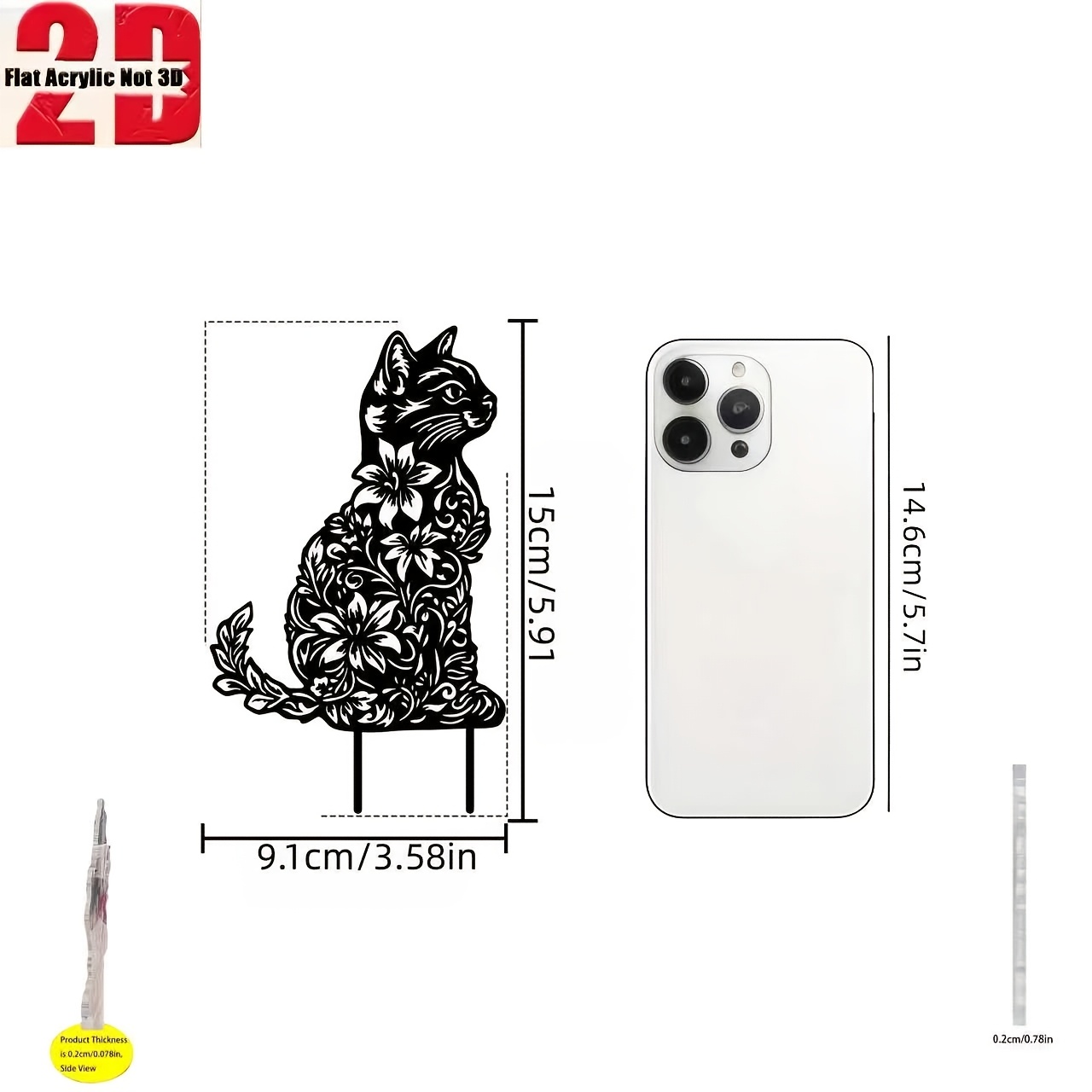 TEMU Plat 2D, [Plat 2D]... Plat 2D 1 pièce Piquet de jardin chat floral en acrylique avec motif de chaton et d'empreintes de pattes — Décoration