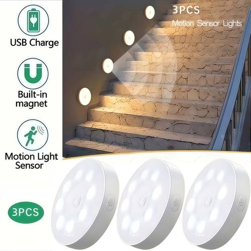 3 pack motion sensor night lights with touch controlled dimming usb rechargeable eye led lights featuring magnetic installation suitable for stairs bedrooms wardrobes and more
