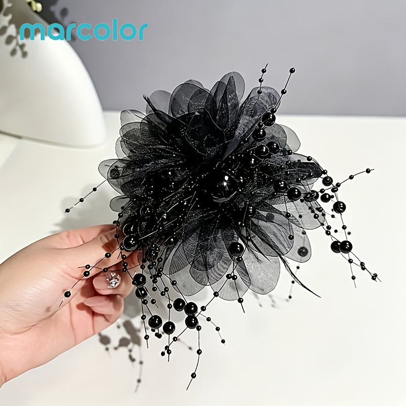 TEMU Marcolor 11cm/4.33in Light Luxury Petal Bead Tassel Hair Clip Women's Back Of Head Bun Shark Clip Atmosphere Headdress