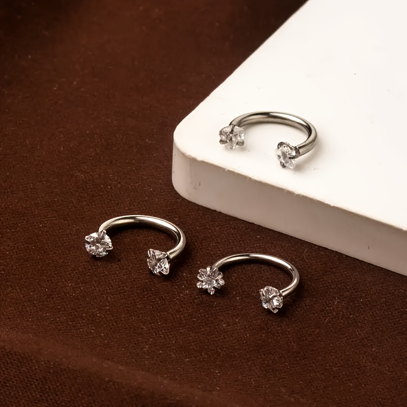 Image of A Set Of 3 Stainless Steel Nose Rings And Ear Studs With Zirconia Heart And Star Designs, Suitable For Women's Nose Piercing Jewelry, Simple And Sexy, Without Plating, Suitable For Daily Wear.