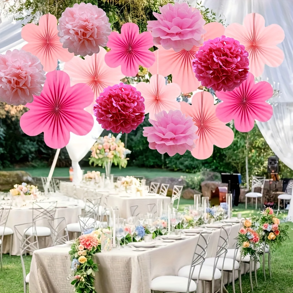 

15pcs Pink & Paper Flower Ball Set - Halloween, Christmas, New Year's & Birthday Party Decorations, Party Decorations Supplies