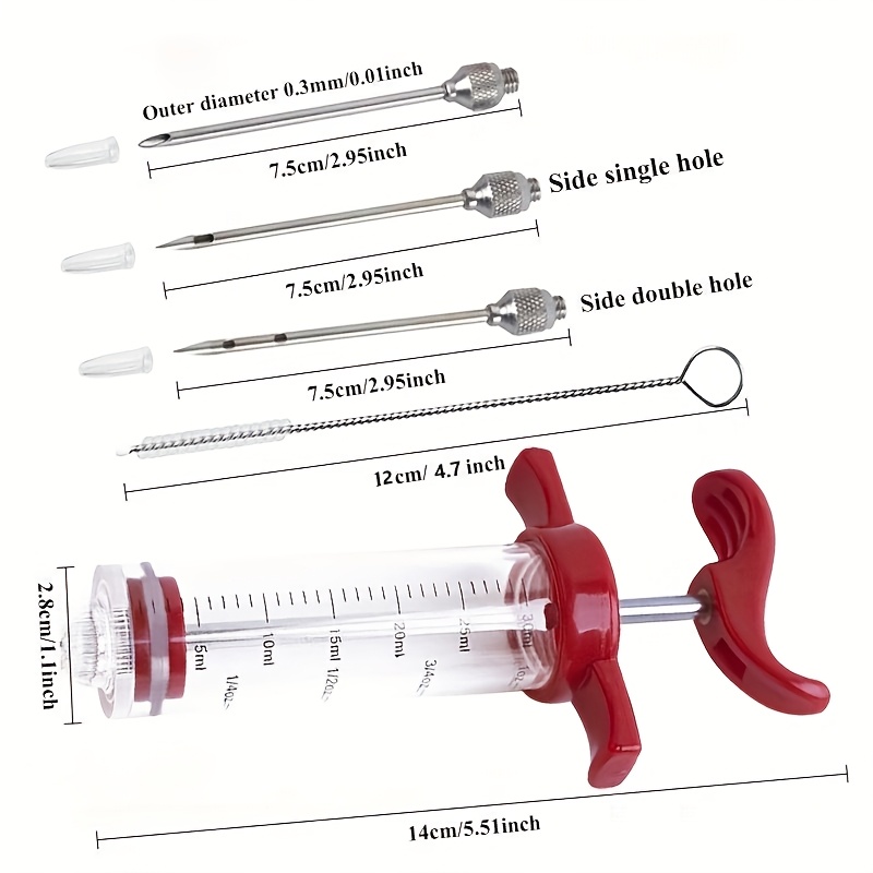 5pcs Stainless Steel & PP Marinade Syringe Set with 304 Needles - Heavy-Duty Portable Meat Injector System for BBQ, Grilling, Smoking, Marinating - Hygienic Easy-Fill Liquid & Seasoning Injector Tools Plastic syringes are for food use only, this