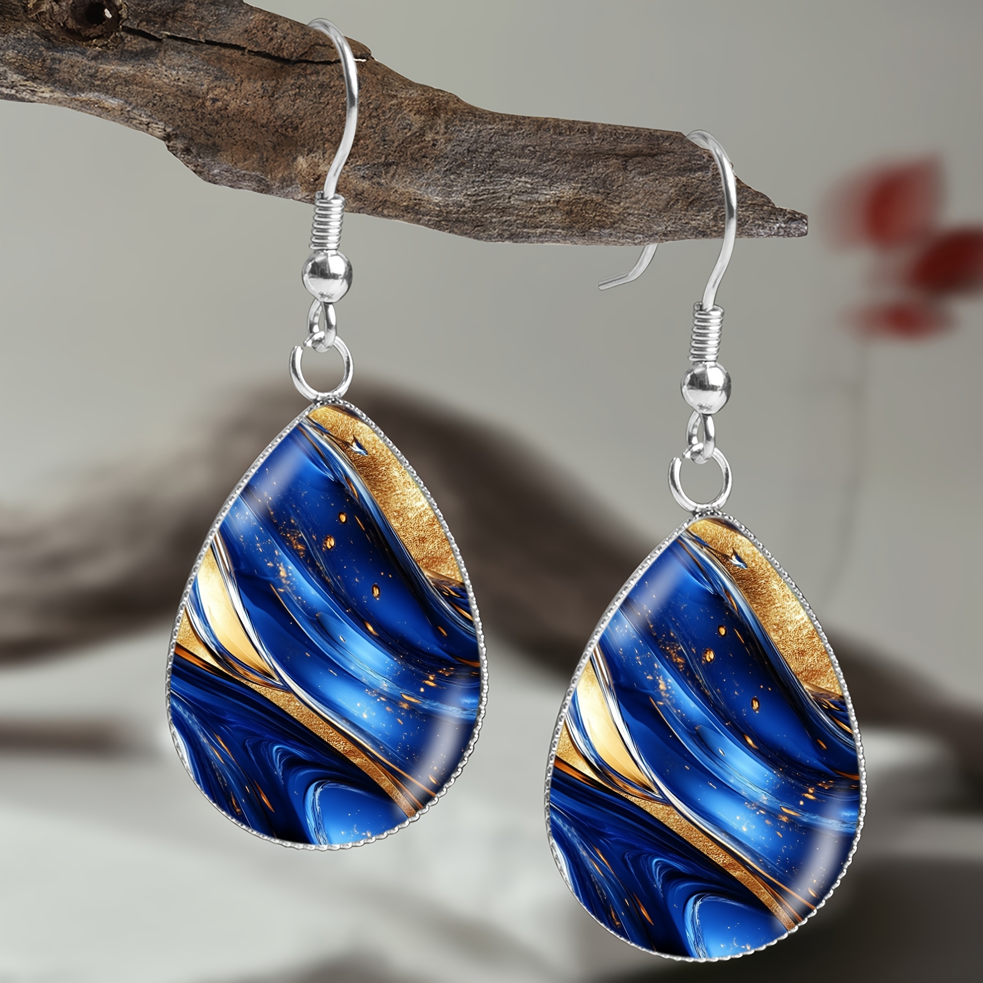 Men's Blue and Golden Dot Glass Pattern Teardrop Earrings