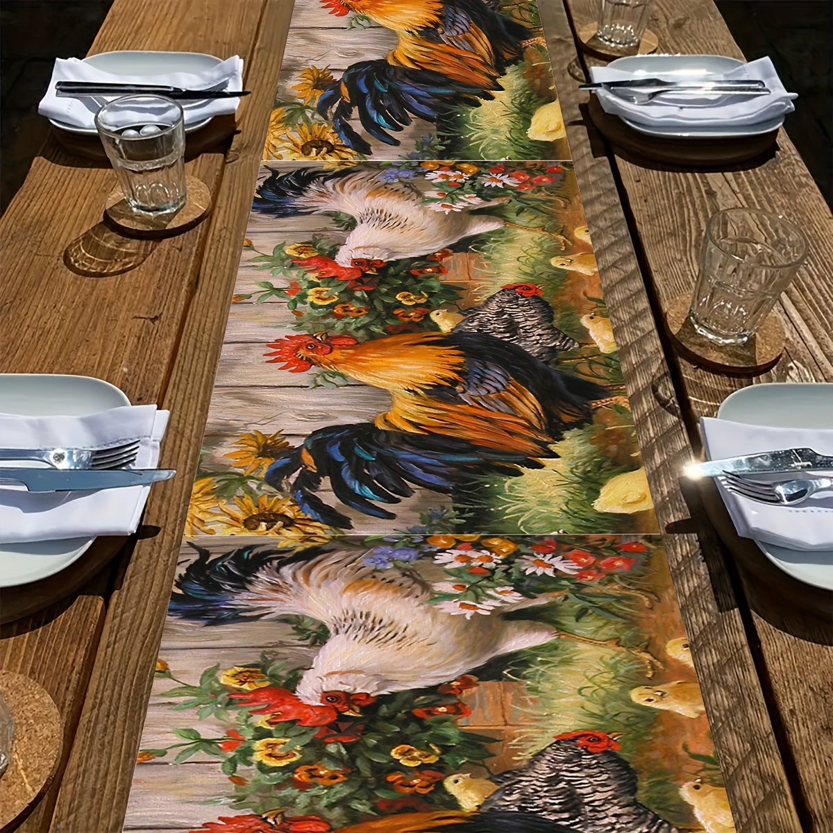 

Boho-chic Rooster & Floral Linen Table Runner - Perfect For Kitchen, Dining & Party Decor | Durable Polyester, Rectangular
