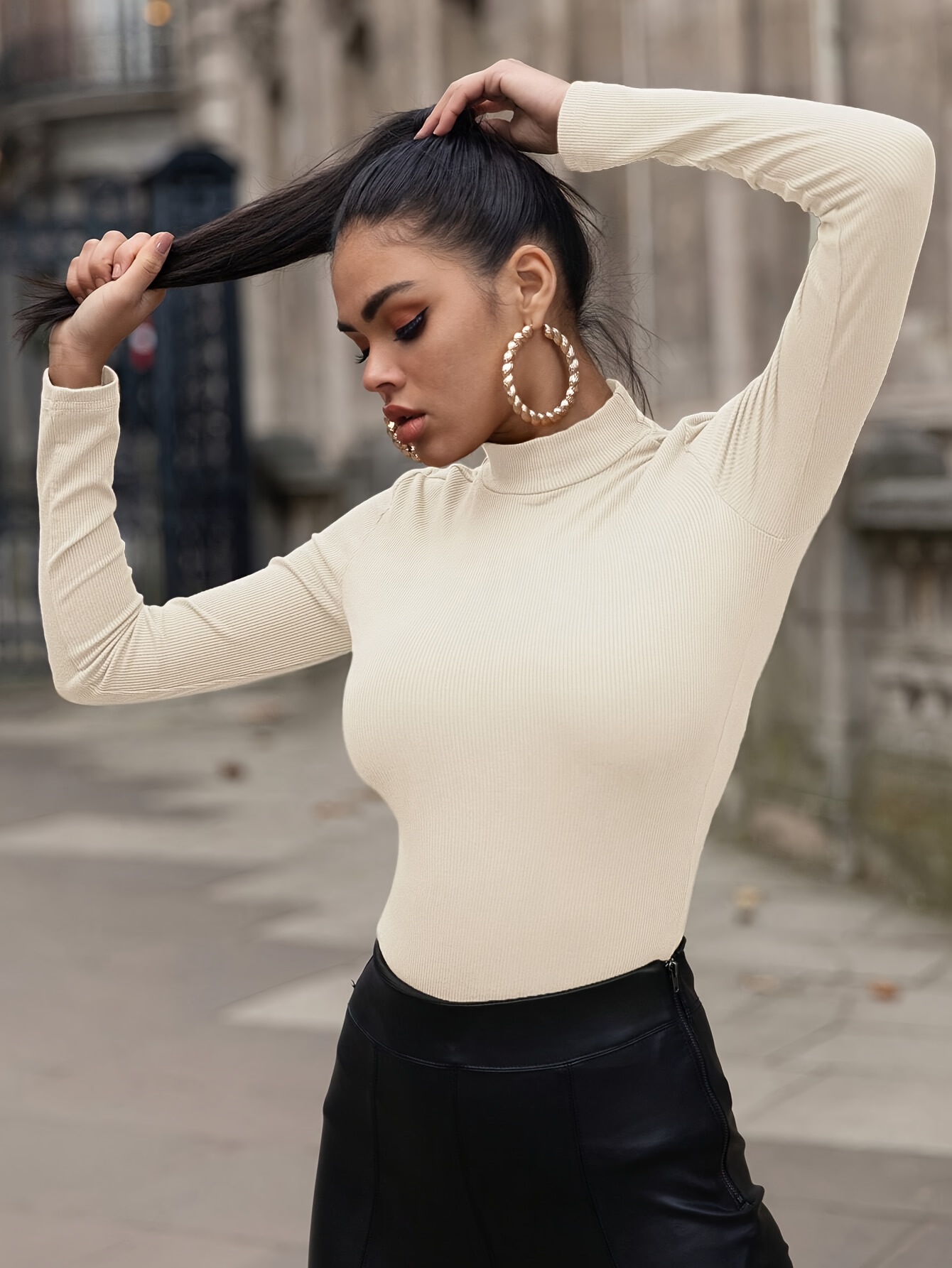 Slim Mock Neck Plain Color T-shirt, Casual Long Sleeve Top For Spring & Fall, Women's Clothing