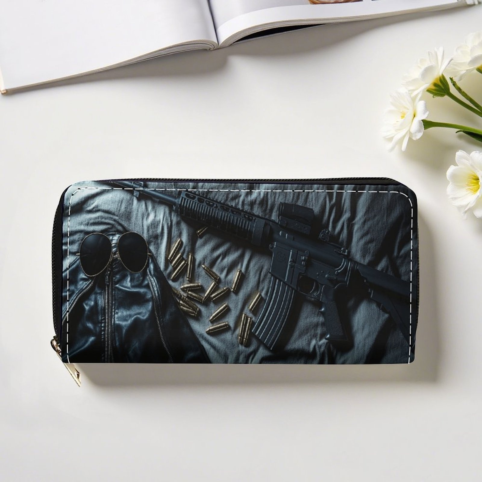 A Long Wallet Featuring a Zipper, Designed for   Men And Women, Resembling an   Rifle with Ammunition. This Multifunctional Purse   Card Slots, a Card Holder, And a Coin Pouch, Showcasing a Stylish Double-Sided Pattern, Making It a Perfect Gift for  .