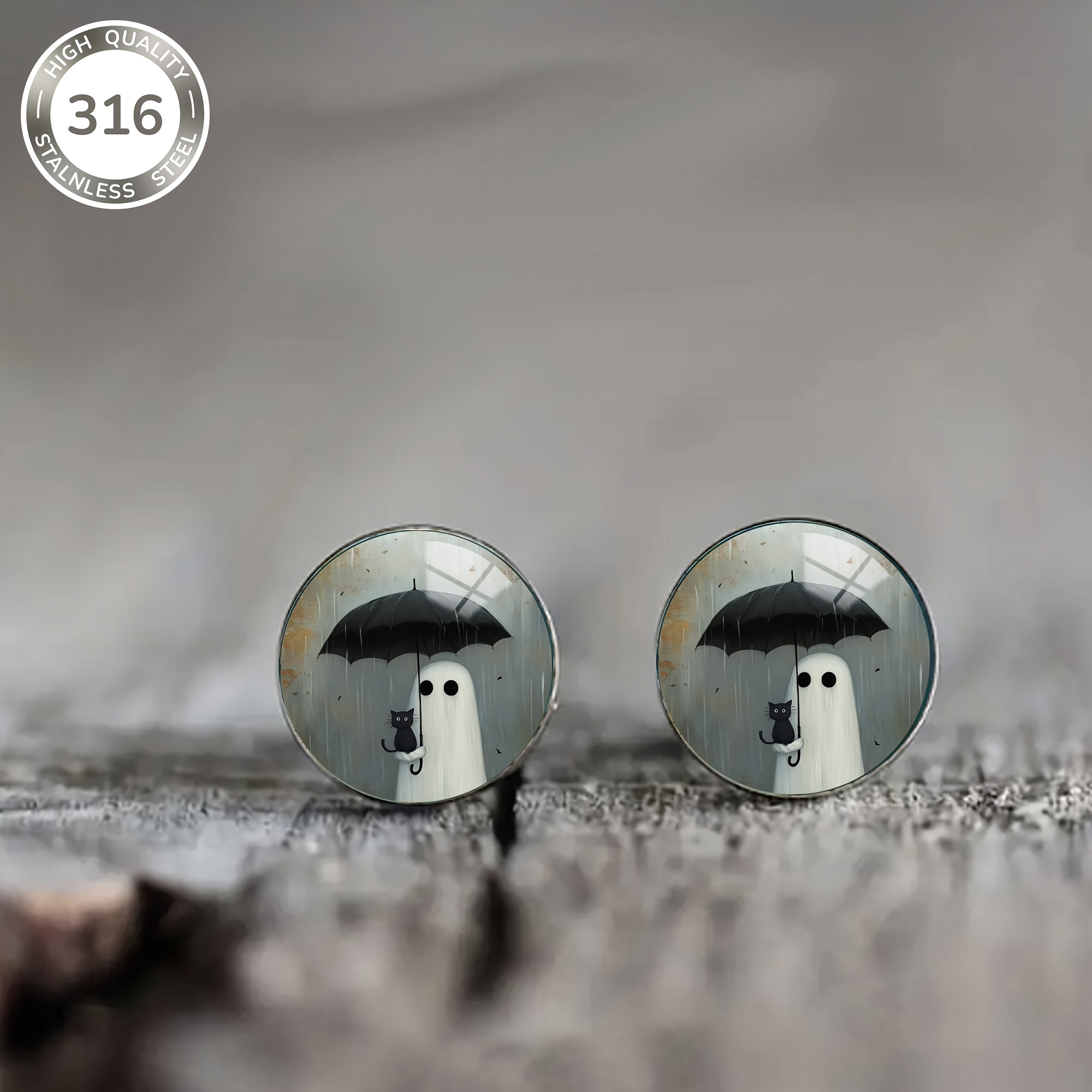 Image of 1 Pair Of White Holding A Pattern Steel Ear Studs, Cute Cartoon Style Jewelry For Men And Women, Daily Wear Or Party Accessory, Halloween Gift