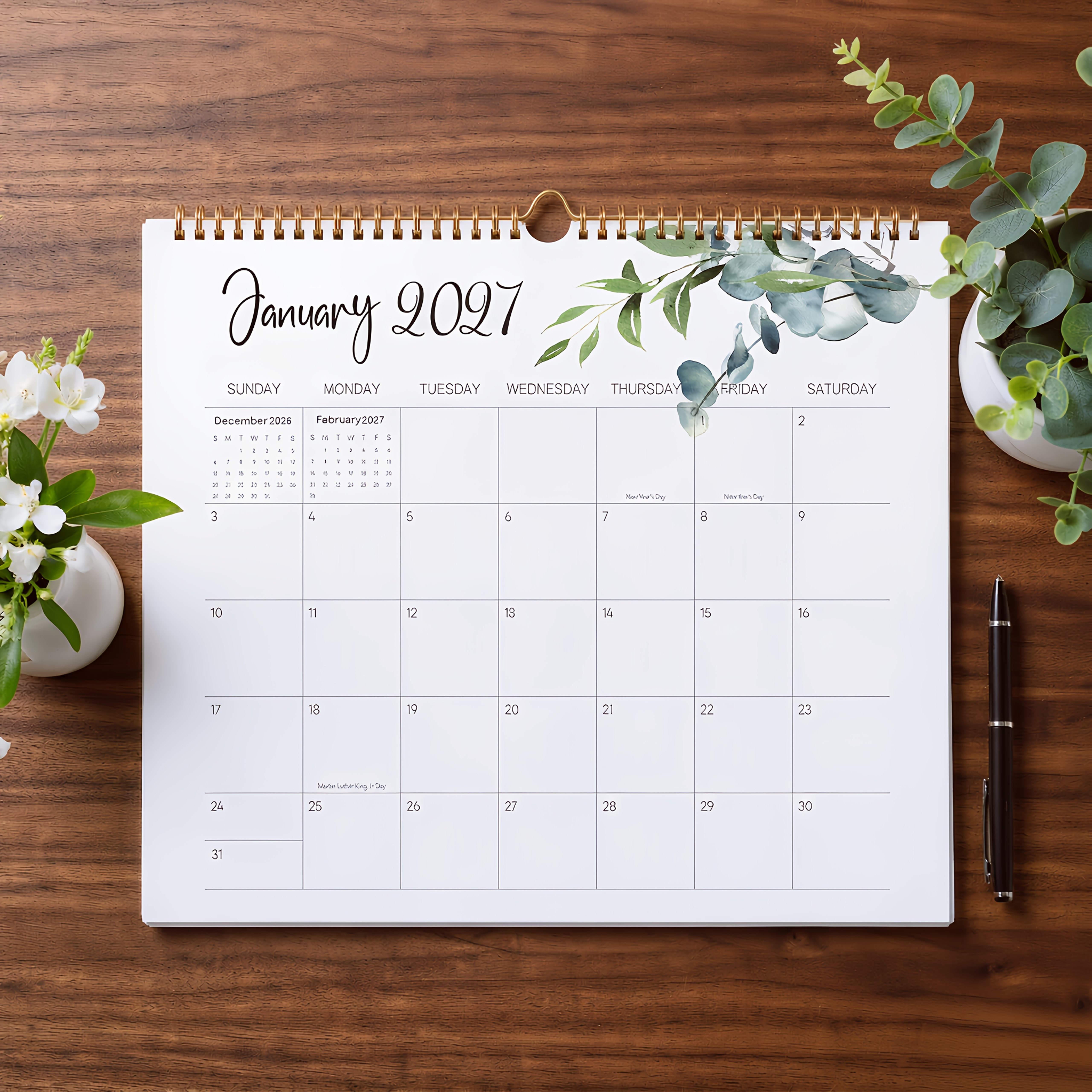 TEMU Eucalyptus Leaf Watercolor Hanging Calendar, 2027 - , 15 X 11.8 Inches, Spiral Bound With Hanging Hole, Premium Thick Paper Non-bleed, Home
