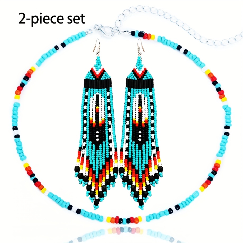 TEMU 2pcs Bohemian Style Blue And Green Geometric Beaded Tassel Earrings Set With Matching Necklace, Women' Wear, Celebrations, Beach , Unique Gift,