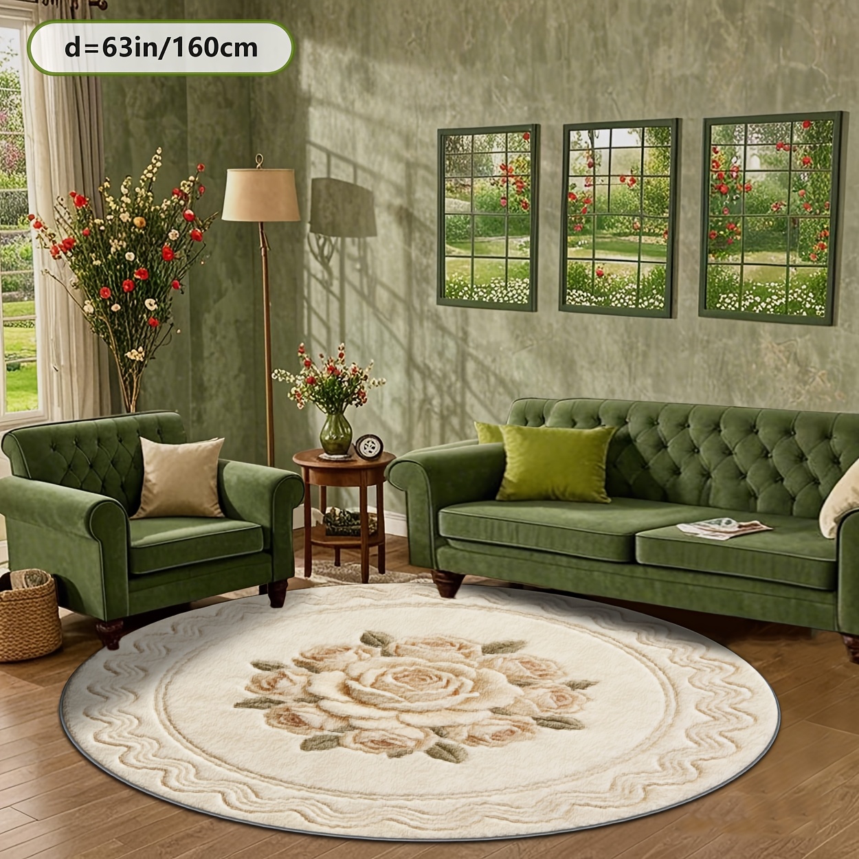 TEMU Soft Velvet With Dotted Plastic Backing Round Rug, European Floral Pattern Printed 2d Rug, Fashionable Home Decor Carpet For Living Room, Large