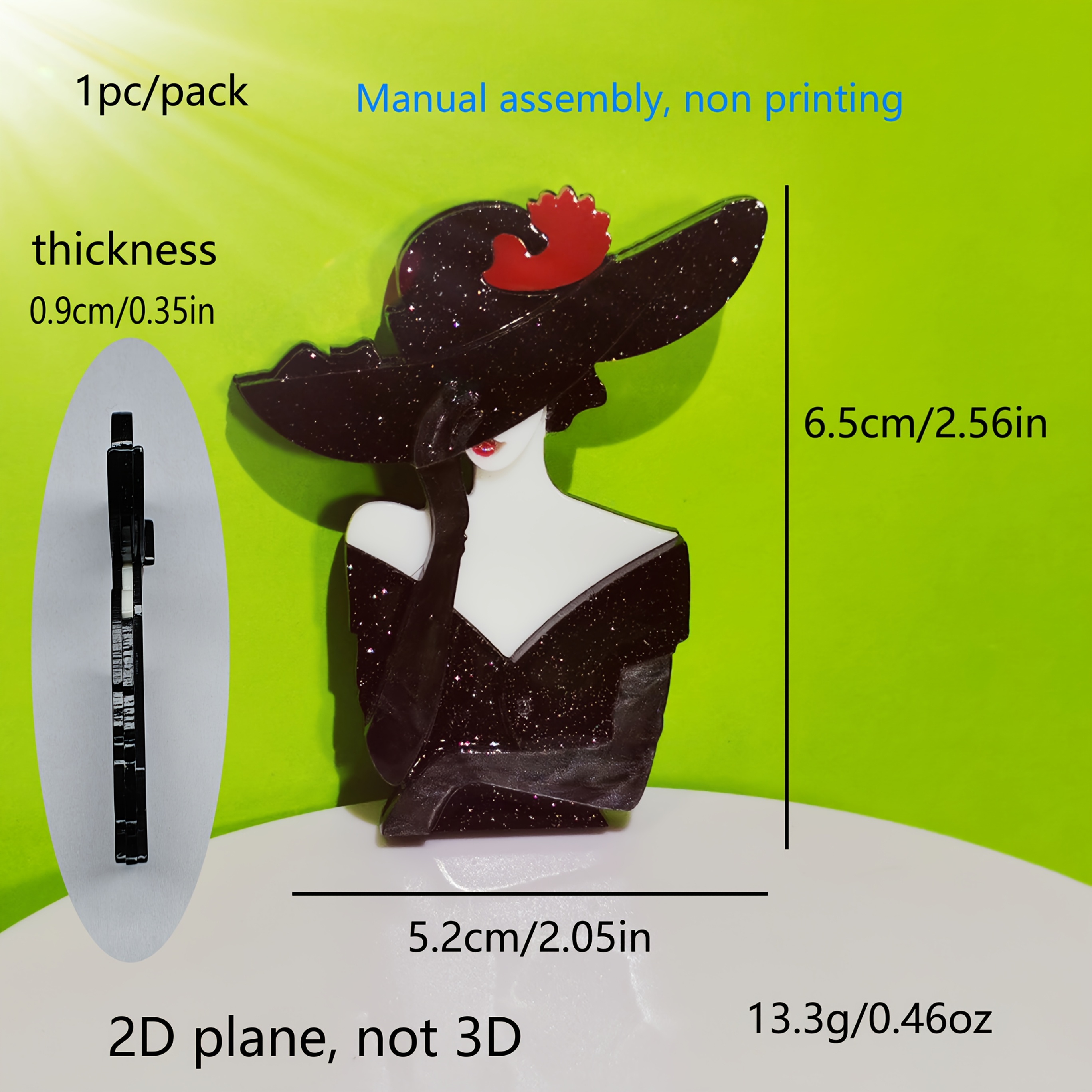 2d Flat 1pc Fashion Apparel Accessory Lady With Black Hat Acrylic Brooch