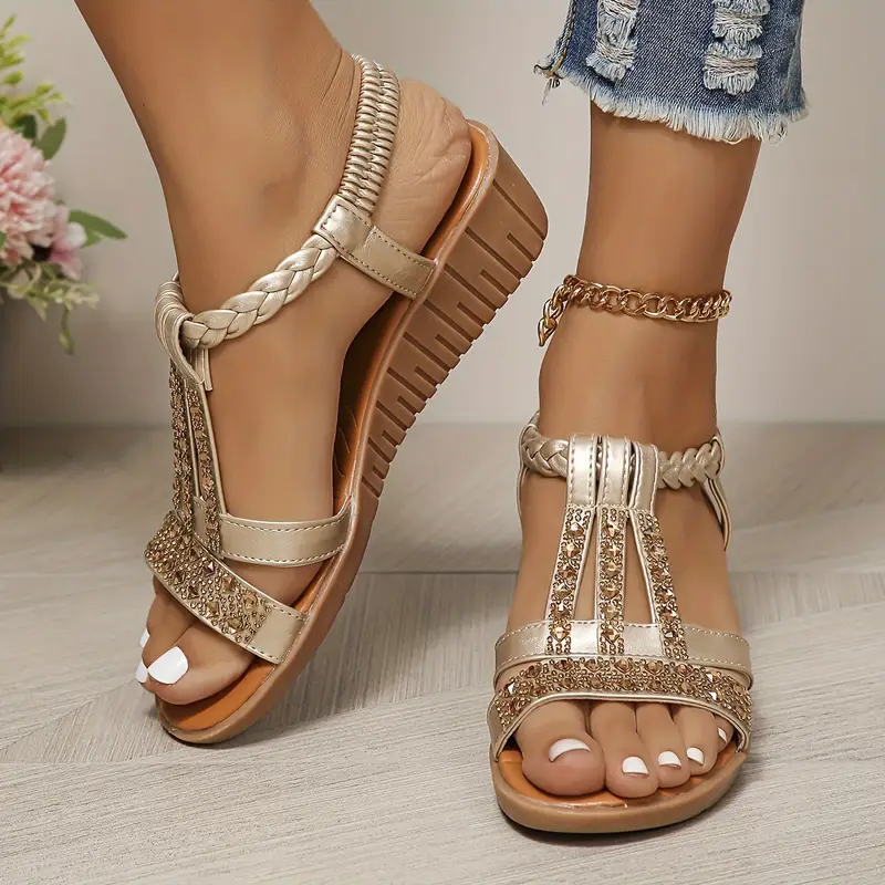 bohemian womens shoes with wedge heels and water drill sandals for fashionable parties details 0