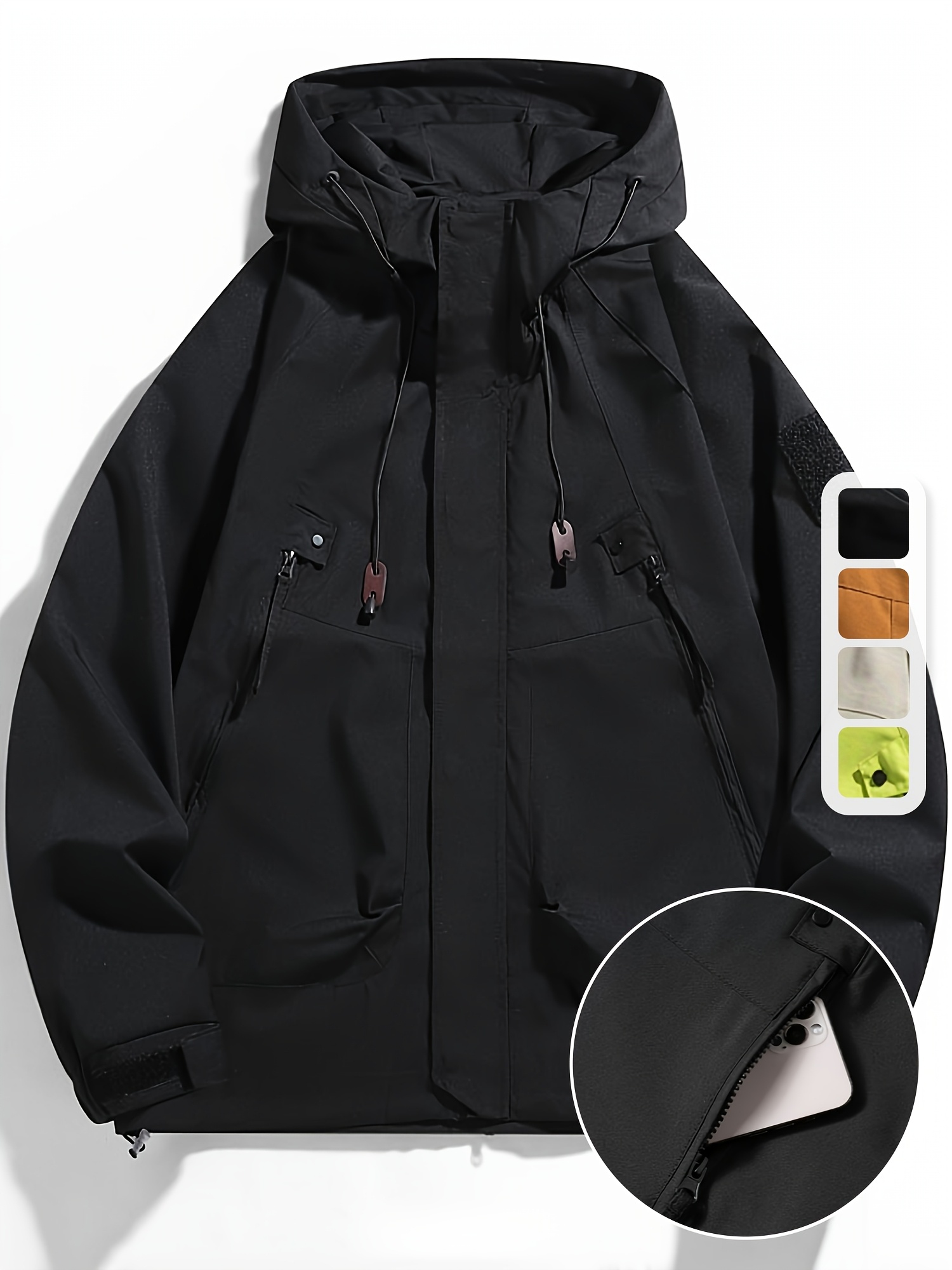 mens windbreaker jacket with hood zippered pockets adjustable drawstrings regular fit   outdoor workwear for hiking camping casual wear hiking gear functional design durable fabric black 0