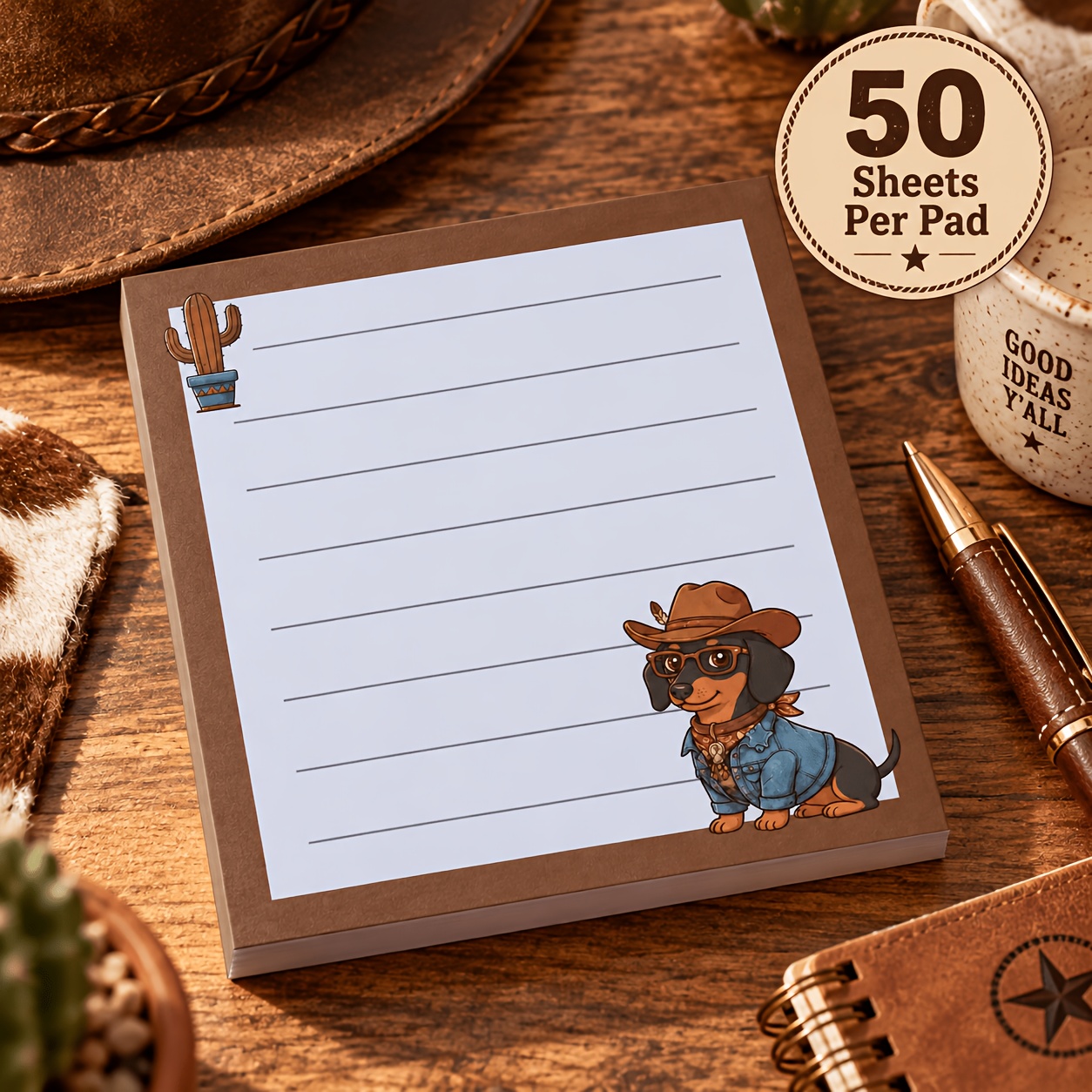 TEMU 1 Pad/50 Sheets Western Cowboy Brown Dachshund Sticky Notes, Cute Lined Memo Pads, Suitable For Study, Office, And Daily Note-taking