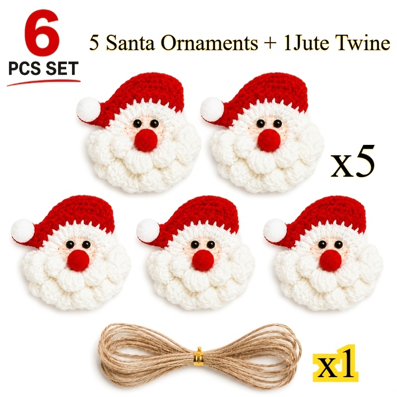 TEMU 6pcs Crochet Santa Wreath Banner Set, Including 5pcs Santa Face Ornaments And 1pc Jute Rope - Fabric Hanging Triangular Flag, Suitable For