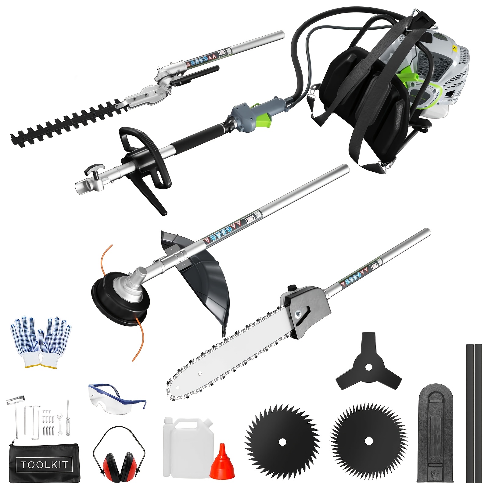 52cc 2-stroke Backpack Gas Powered String Trimmer, 6-in-1 Multi-functional Weed Gas Powered, Pole Saw, Hedge Trimmer, Brush Cutter Blade, Safety Lock For Garden Lawn Trimming