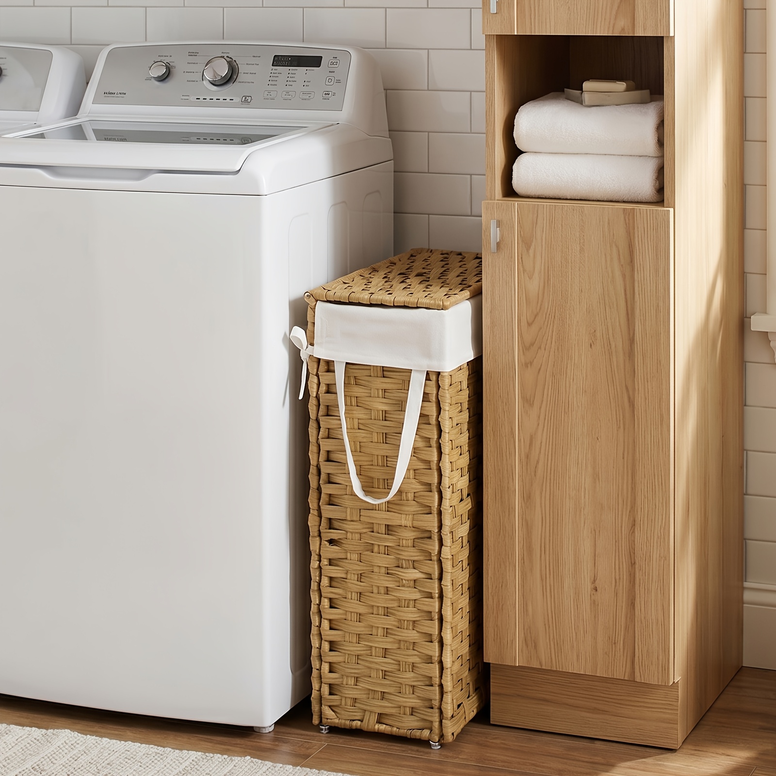 TEMU Panier à linge pliable avec couvercle - Panier en rotin synthétique à cadre bohème, convient pour dortoir, rangement de salle de bain | Doublure