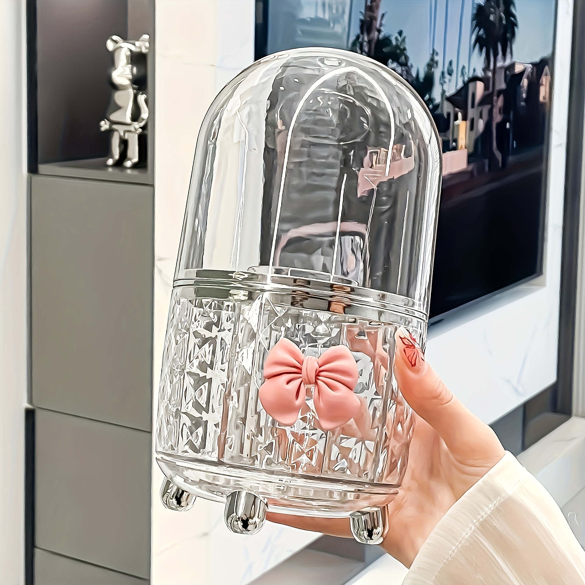 360 degree rotating makeup organizer with clear lid bathroom vanity organizer space saving countertop storage for makeup brushes lipstick eyeliner no power needed durable plastic construction   home or decorative bow accent sturdy brush holder beauty enthusiasts Product details 3