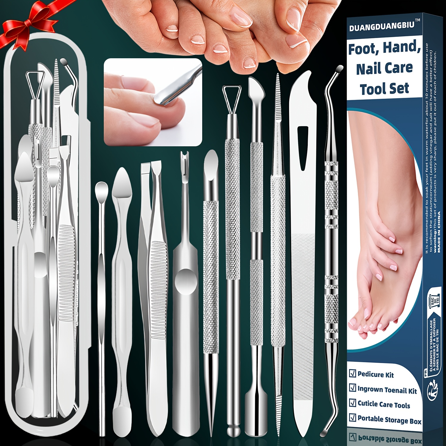 

10pcs Stainless Steel Ingrown Toenail & Cuticle Removal Kit - Multi-functional Foot Files, Perfect Christmas Gift, Duangduangbiu, Portable Travel Storage Box Included For Use